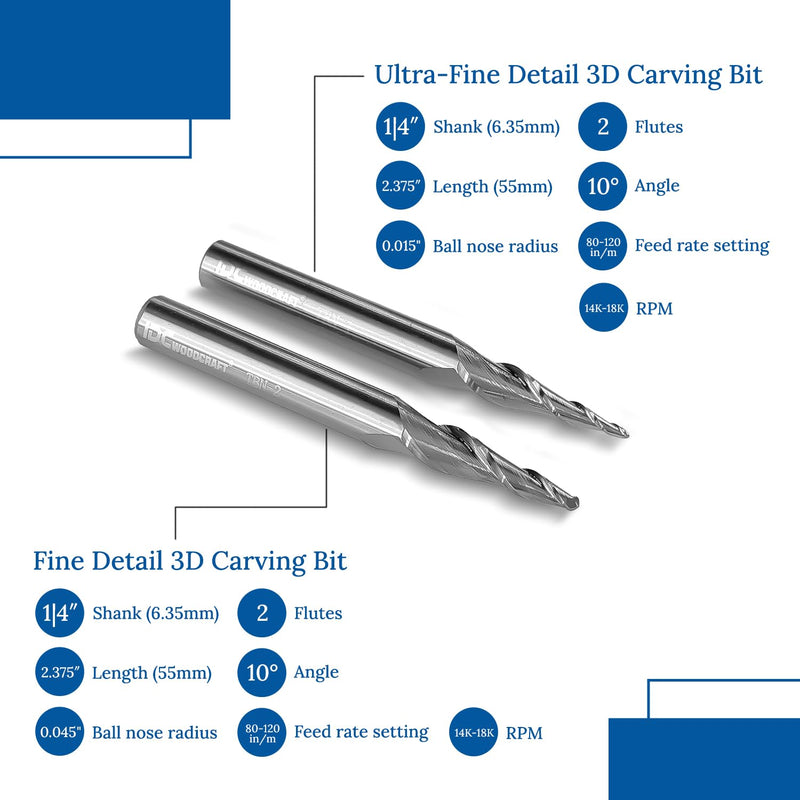 3D Carving Taper Ball Nose End Mill Bit Set (1/4-inch Shank) – 2pc Set Includes Fine Detail & Ultra-Fine Detail Carving Bits – Enhance CNC Woodworking 3D Precision with Versatile Bits