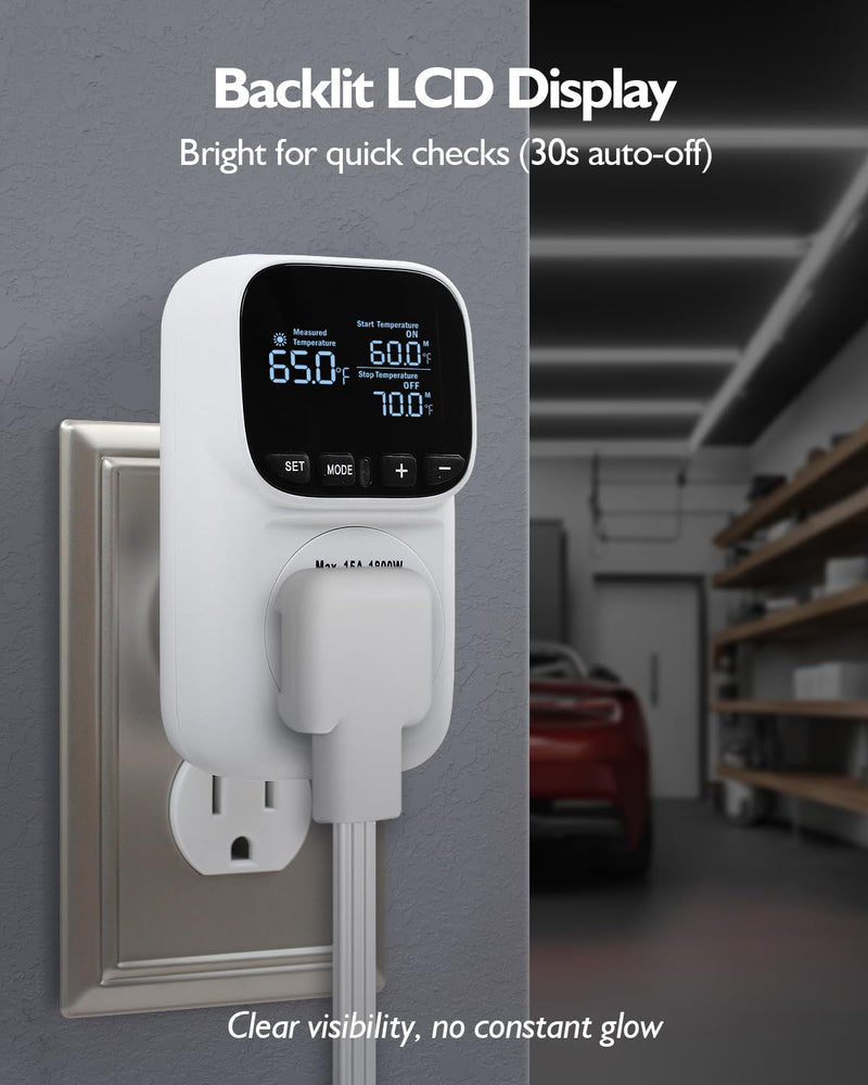 Digital Temperature Controller, Heating & Cooling Thermostat Plug Outlet, –40°F~210°F, 15A 1800W, LCD Display, Temperature Controlled Outlet for Home, Greenhouse, Chicken Coop, Reptile White