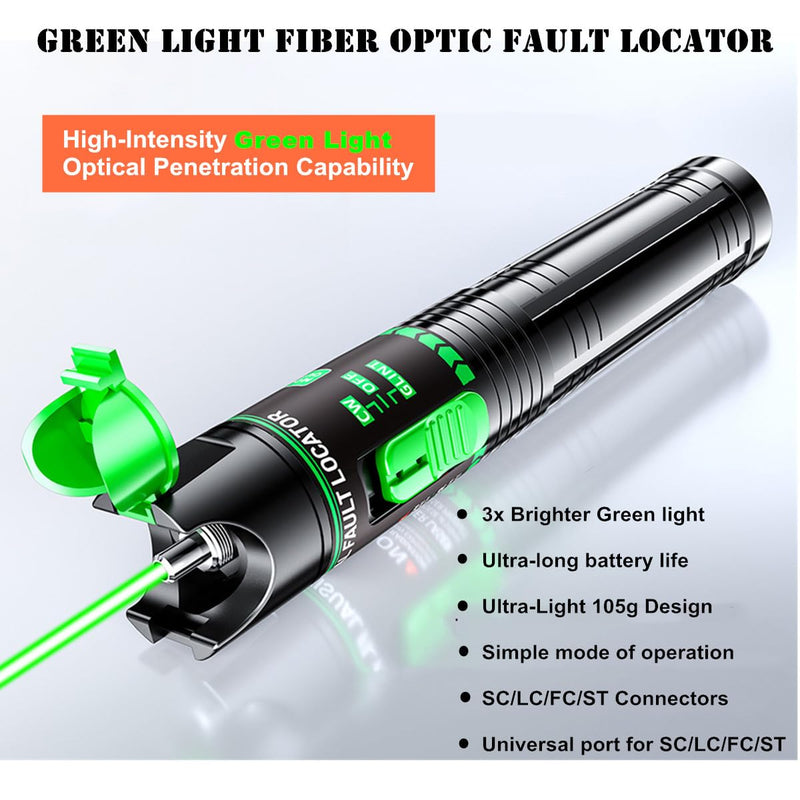 Green Light Fiber Optic Tester - Visual Fault Locator, ≤5mW Class IIIA 510nm Wavelength, Compatible with SC/FC/ST/LC Interfaces, Ideal for Network Maintenance & Data Center Technicians. HT-30