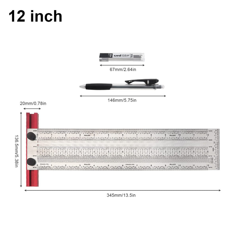 12 Inch T-Rule, Precision Marking T Rule, Woodworking T Square Ruler, Stainless Steel Hole Positioning Scribing Tool, Carpenter Measuring T-Square, with Pencil & 0.5mm Pencil Refill