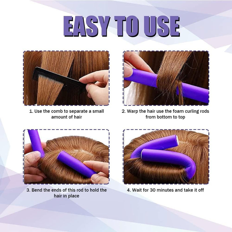 30 Pieces 24cm Large Bendy Rollers Kitsch Flexi Rods | Flexi Rods for Heatless Curls Healthy Hair Soft Foam Hair Rods