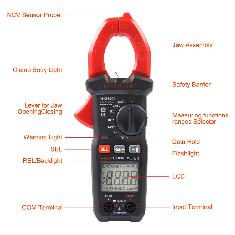 Digital Clamp Meter, Multimeter 6000Counts Volt Meter Auto-ranging Measures AC/DC Amp Clamp, NCV Non Contact Check Function (MAYILON MY2600D) 6000 Counts AC/DC Current