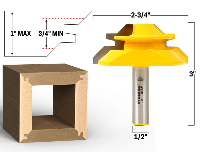YONICO Lock Miter Router Bit Set 3 Bit 45 Degree 1/2-Inch Shank 15334 3 Bit Set - 1/2" Shank