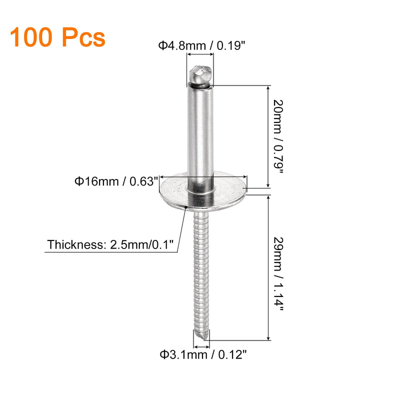 uxcell 100Pcs 3/16"x3/4" 304 Stainless Steel Large Flange Round Head Rivets, Large Cap Open End Blind Rivets for construction, automotive manufacturing, aerospace, shipbuilding (Silver) 3/16"x3/4"