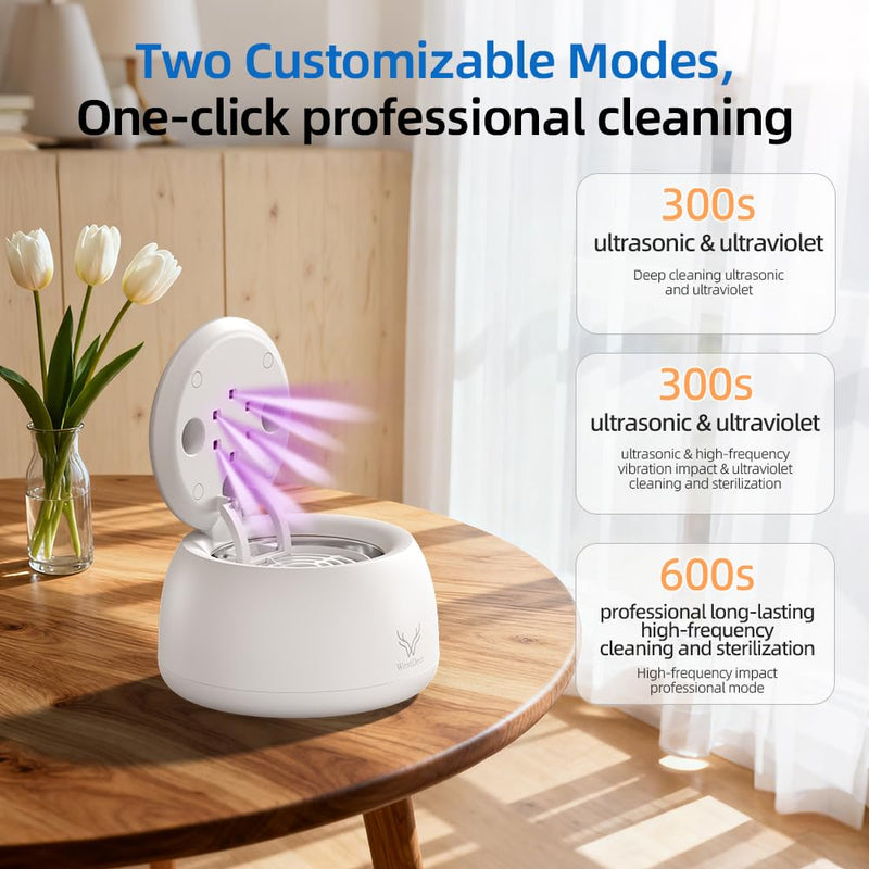 Ultraviolet ultrasonic Cleaner, one-Click Start, 45KHz Portable Cleaner, with Dual-Mode Cleaning Function, Suitable for Jewelry, dentures and Invisible Braces Gray and white