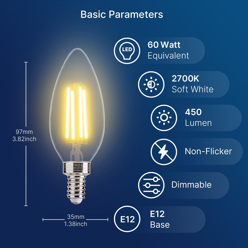 FLSNT 24 Pack LED Candelabra Bulbs 60W Equivalent, B11 Dimmable LED Chandelier Light Bulbs, E12 Base, 2700K Soft White 24 Count (Pack of 1)