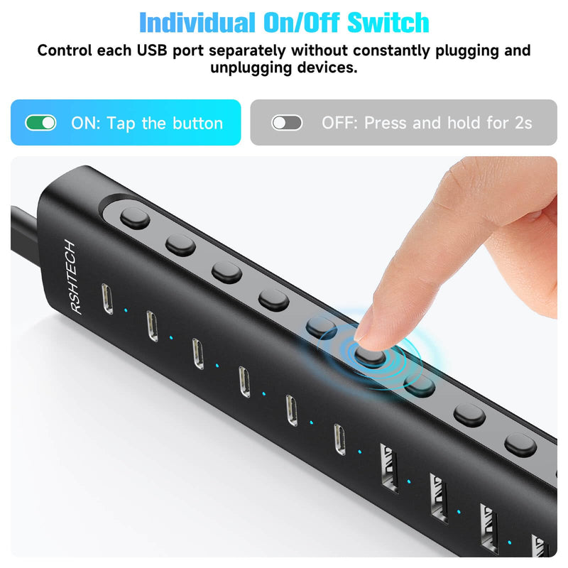 RSHTECH 10-Port Powered USB C 3.2 Hub 60W with 10Gbps USB 3.2 Ports(6C+4A) | Individual ON/OFF Switches, 3.3ft Detachable Cable, Aluminum USB Extender Hub for Laptop PC, RSH-H10C6