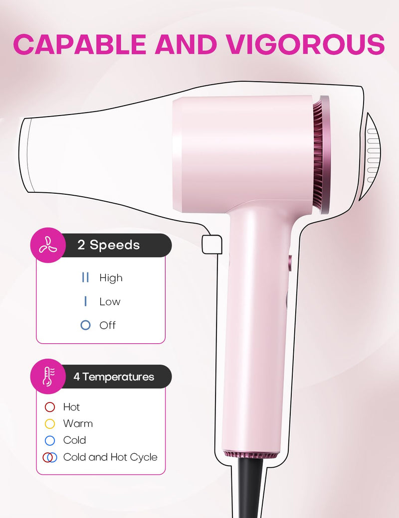 High Speed Ionic Hair Dryer: 1600W 110,000 RPM Hair Dryer with Diffuser 2 Speed & 4 Heating Setting, Compact & Lightweight Low Noise Hair Dryer for Women (Pink)