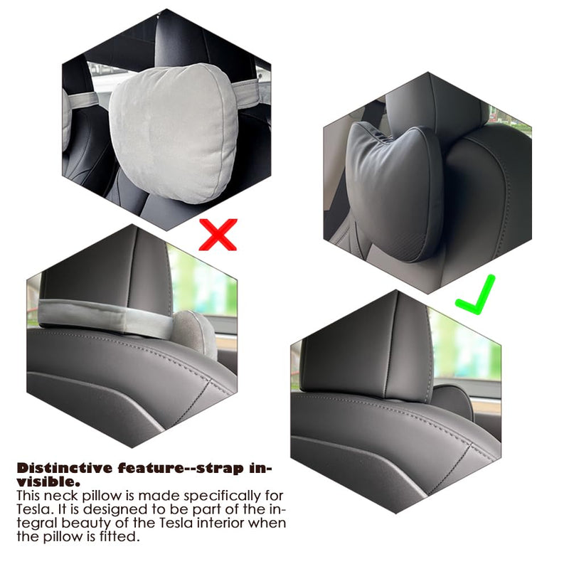 TESBEAUTY Nappa Leather Headrest Pillow 2 Packs for Tesla Neck Pillow Uniquely Designed for Tesla Model Y/3 Neck Support Cushion for People Under 5'7" Invisible Strap Black
