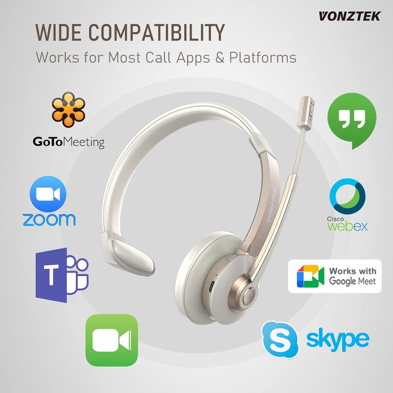Wireless Headset, Trucker Bluetooth Headset Noise Canceling & Mute | 5.0 Bluetooth Headphones with Mic & USB Dongle for Cell Phone Computer Work Office Teams Meeting Call Center Champagne Gold & White