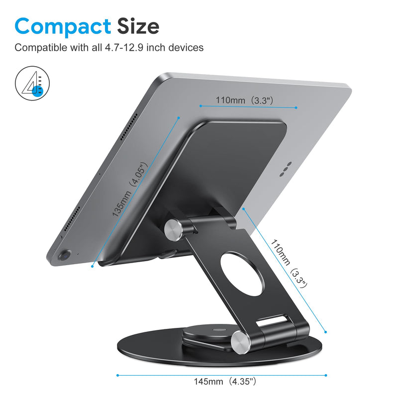 OMOTON Swivel Tablet Stand for iPad with 360 Rotating Base, Foldable Adjustable Holder for Drawing, Compatible with iPad Pro/Air/Mini and More, Black Gray