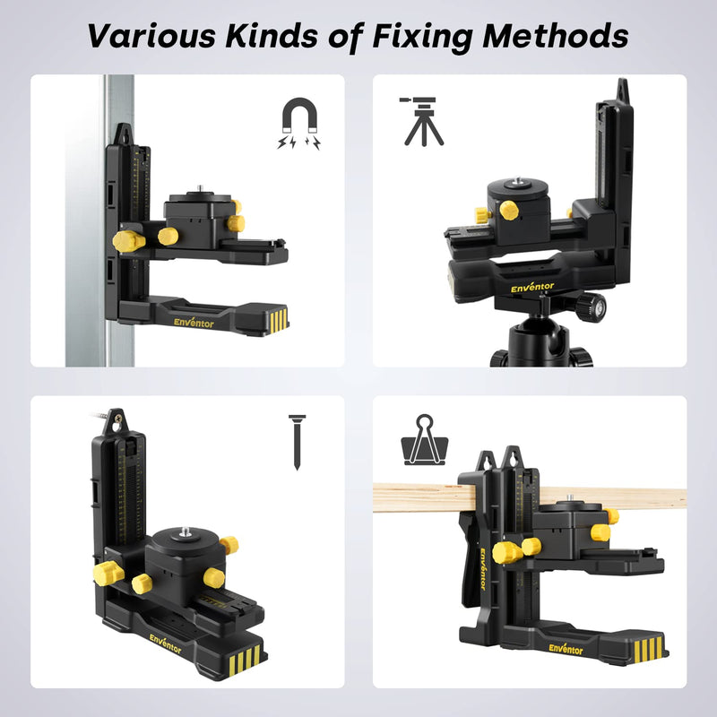 ENVENTOR Fine-tuning Bracket Laser Level Adapter, 1/4"-20 Male Threaded L-Shape Magnetic Pivoting Base with Adjustable Clip for Wall & Ceiling Mounted, 360° Adjustable Support, Height Adjustment Black