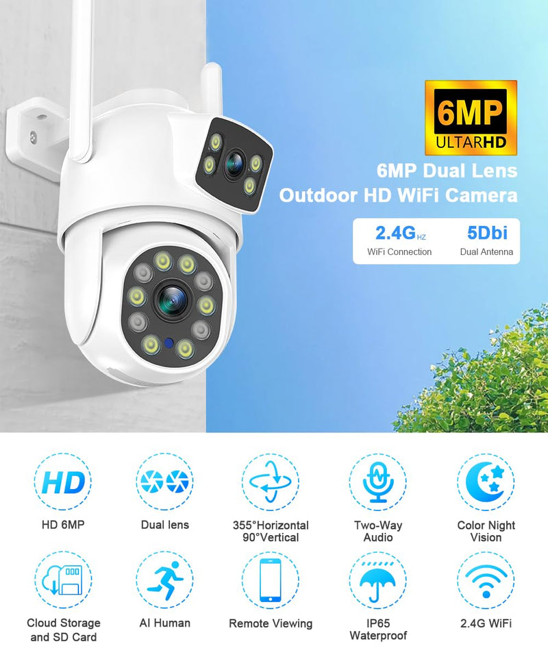 EVERSECU Dual Lens Linkage 6MP WiFi PTZ Security Camera Outdoor, 360° View, Auto Tracking, Motion Detection, Color Night Vision, 2-Way Audio, Compatible with Alexa Single