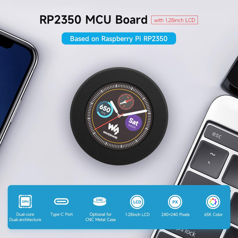 Waveshare RP2350 MCU Board, with 1.28inch Round LCD, Dual-core & Dual-Architecture Design, 240×240 Pixels, 65K Color, IPS Panel, with CNC Metal Case,no Touch