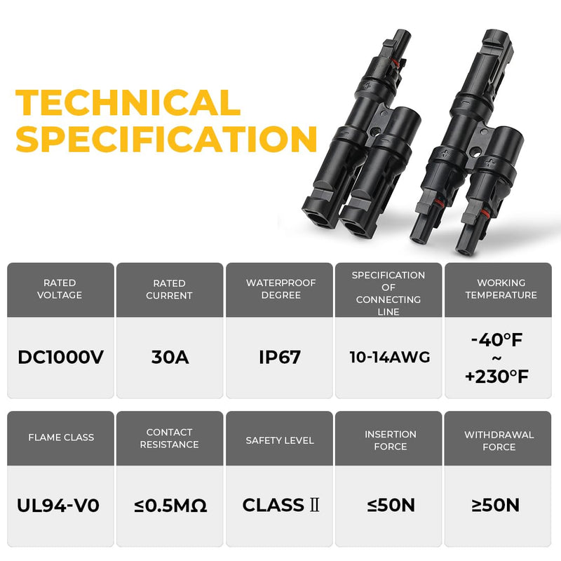 BougeRV Solar Branch Connectors Y Connector for Parallel Connection Between Solar Panels FMM+MFF (1 Pair) 1 Pair