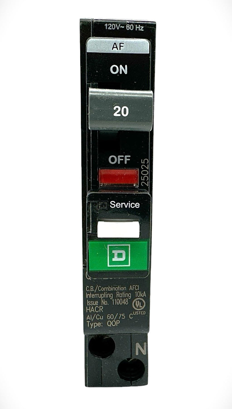Square D QO120PAF (New Version of QO120PCAFI) Circuit Breaker, QO, 20 AMPS, 1 Pole, 120VAC, 10kA, Combo arc Fault, Plug on Neutral, Plug in Mount, UL Listed