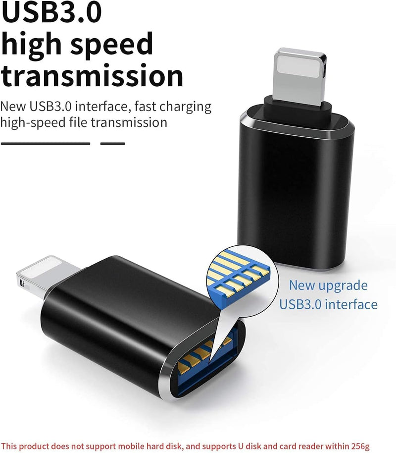 (Apple MFi Certified) Lightning Male to USB3.0 Female Adapter OTG Cable | 2Pack Portable USB Camera Adapter OTG Data Sync Cable for iPhone 14/13/12/11/Xr/X/XS/8/7Card Reader/Flash Drive/MIDI Keyboard Black