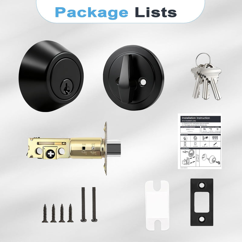 3 Pack Single Cylinder Deadbolts Flat Black, Keyed One Side Deadbolt Lock, Matte Black Interior & Exterior Door Hardware (for Entrance Lock and Front Gate) 3