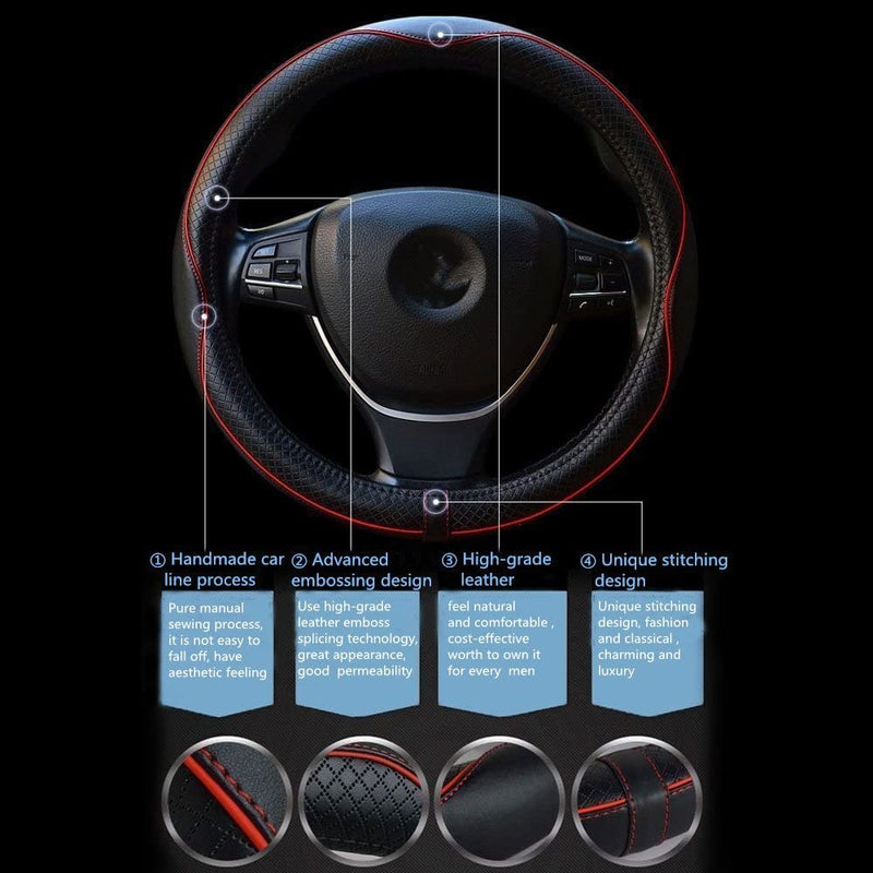 Car Steering Wheel Cover, Anti-Slip, Safety, Soft, Breathable, Heavy Duty, Thick, Full Surround, Sports Style (Black with Red line) Black with Red line