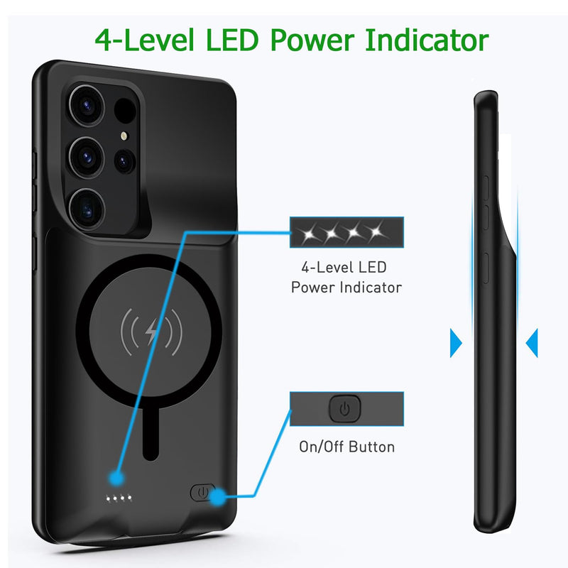 Battery Case for Galaxy S24 Ultra, 12000mAh High-Capacity Protective Rechargeable Extended Charger Case Compatible Magsafe with Galaxy S24 Ultra(6.8 inch) Wireless Charging Cover & Carplay (Black)