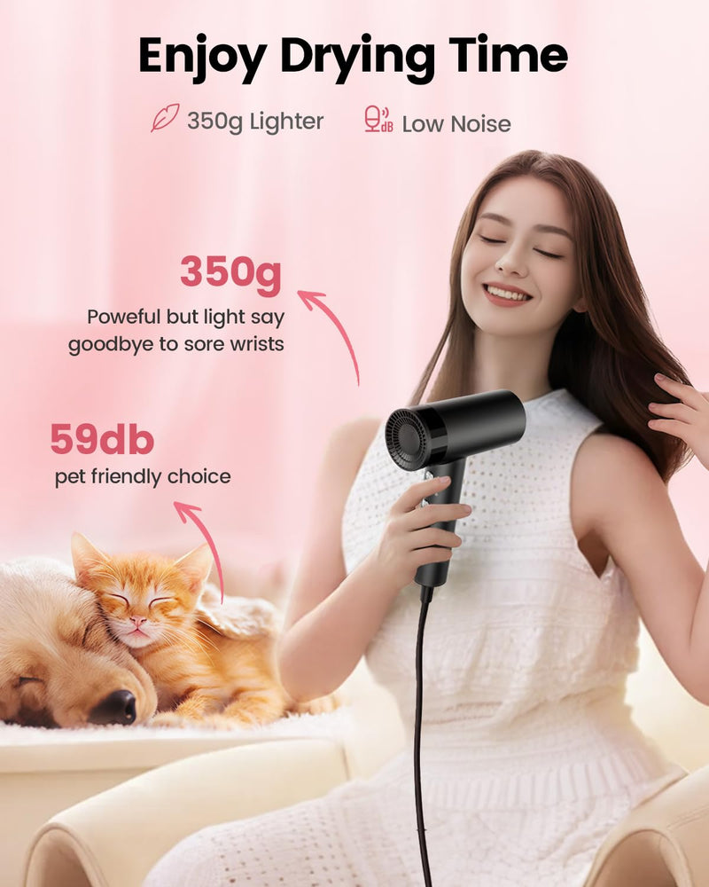 Dekuri Hair Dryer, 110,000 RPM High Speed Motor Hairdryer for Ultra-Fast Drying, 200M Ionic Care for Smooth & Shiny Hair, Lightweight with Magnetic Nozzle & Diffuser (Midnight Black) Midnight Black