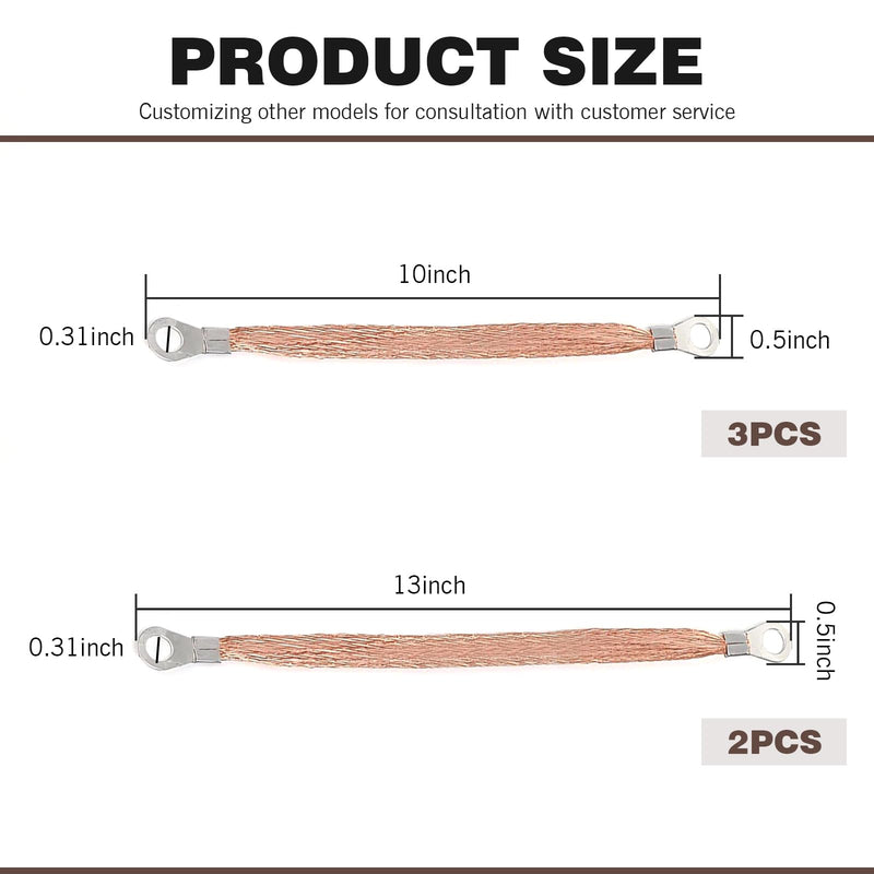 5 PCS Braided Grounding Strap, 10/12 Inch Car Heavy Duty Engine Copper Ground Strap, Engine Ground Kit, Suitable for Most Vehicle Models (Gold)