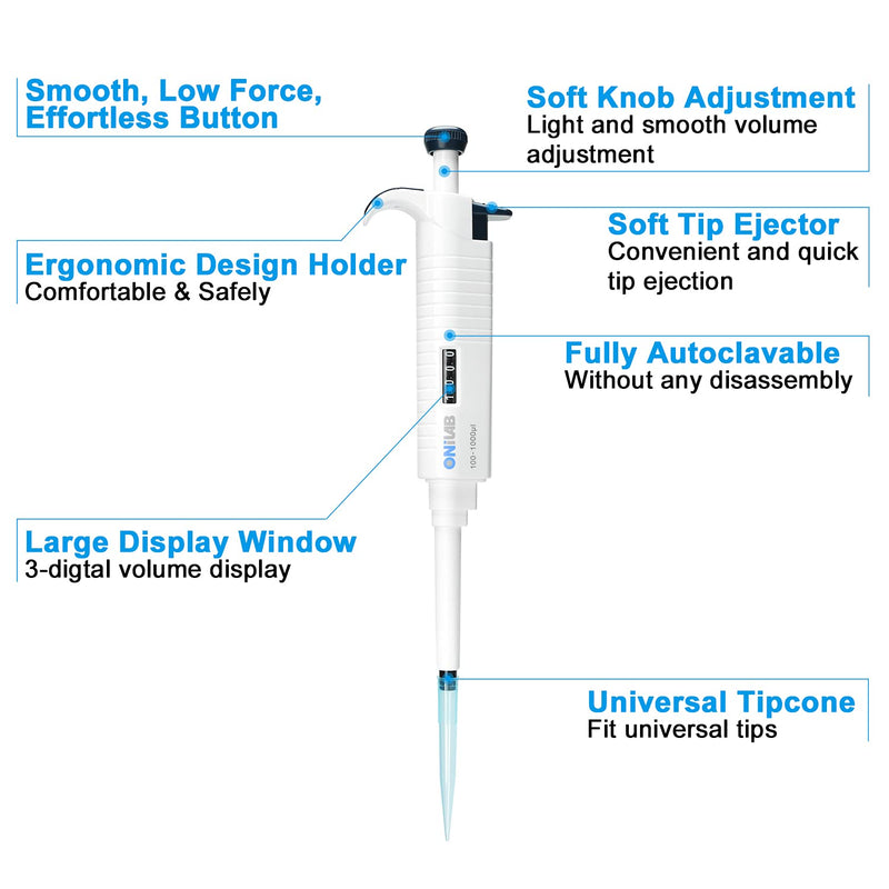 ONiLAB Lab Micropipette, Single Channel Pipette,Adjustable Volume Pipette, Micro Pipettes, High Precision Pipettor,Fully Autoclavable,10-100ul 10-100ul