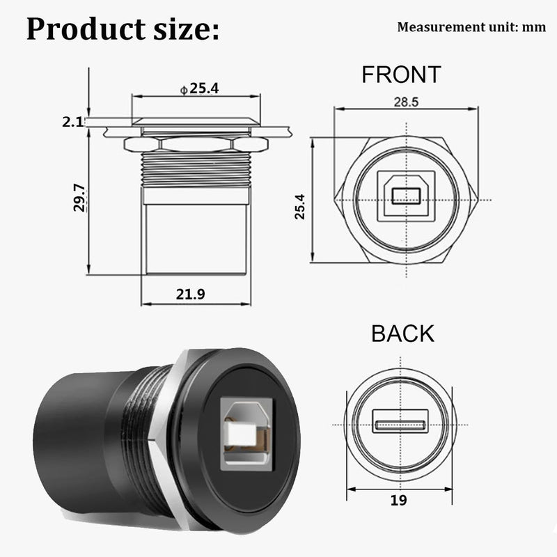 PENGLIN 2PCS USB B to A Panel Mount Connector, USB2.0 Type-B Data Socket | Up to 480Mbps Data Transfer,Metal Shielding Block,Zinc Alloy Housing, Perfect for Printer/Scanner/Fax Machine Black 2PCS(USB-B to A)