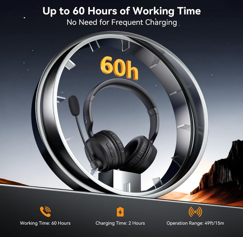 LEVN Bluetooth Headset with Microphone, 60 Hrs Working Time Dual Connection Bluetooth Headphones with Mic, Wireless Headset with Mic for Work/Video Meetings/Phone/Call Center/PC/Music/Zoom/Teams