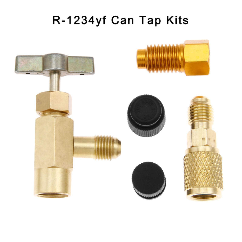gohantee R1234yf Can Tap Adapter Fitting Kits, 1/4 SAE to 1/2 Acme LH Can Bottle Tap Opener with 1/4'' SAE Female Adapters and Seal Caps, Brass Dispenser for R134a R12 R22 Charging Hose