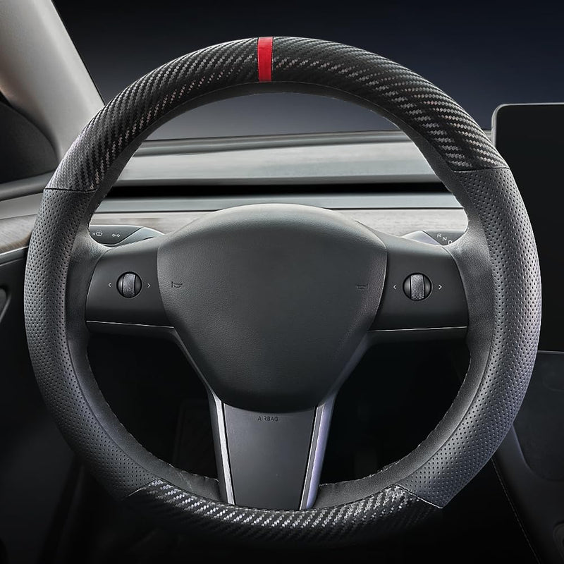 Carodi Carbon Fiber Leather Car Steering Wheel Cover ，for Tesla Model 3 / Model Y Steering Wheel Cover Black-B