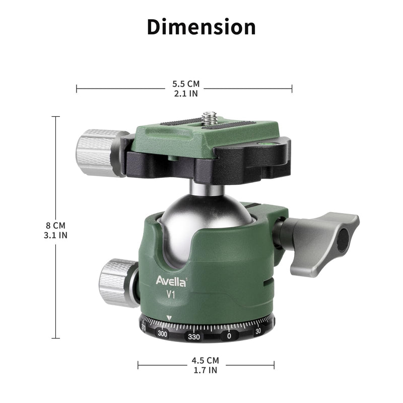Avella V1 DSLR Camera Tripod Ball Head 38MM, 360 Degree Swivel,U-Shaped Groove Design, for Canon Nikon Sony Olympus Panasonic DSLR Camera-Green