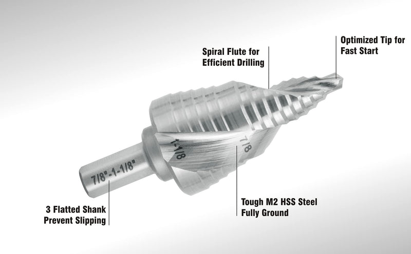 Industrial HSS Step Drill Bit 7/8'' to 1-1/8'' with 3/8'' Shank, Unibit Double Spiral Flute for Metal, Stainless Steel, Aluminum, Plastic 7/8'' to 1-1/8''