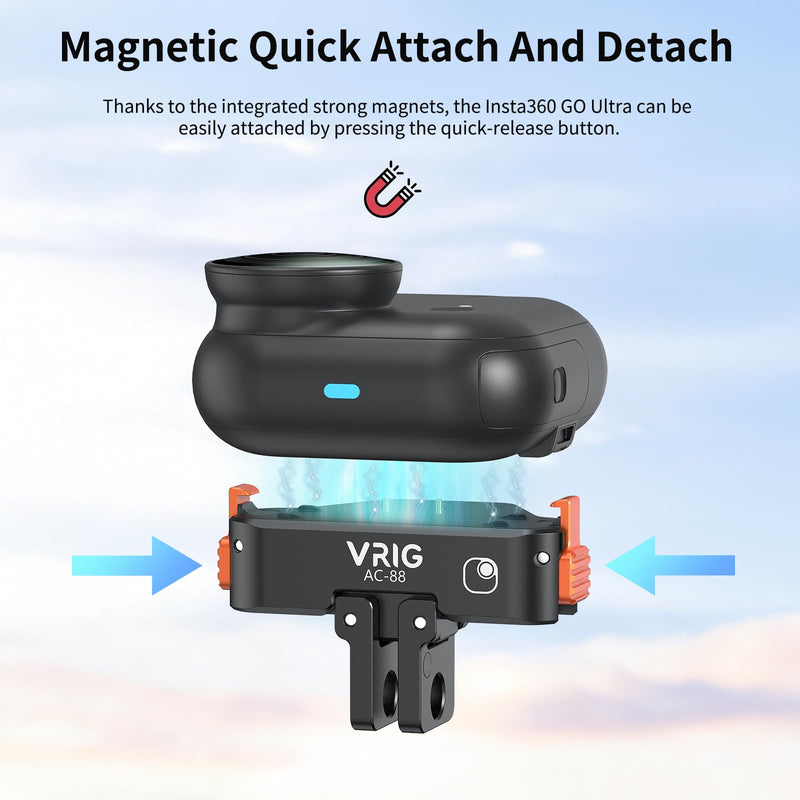VRlG Magnetic Quick Release Adapter Mount for Insta360 GO Ultra with Charge | Aluminum Snap-On Magnetic Base with 1/4 Hole/ Foldable Connector for Tripods & Selfie Sticks, Vlogging Charging Mount