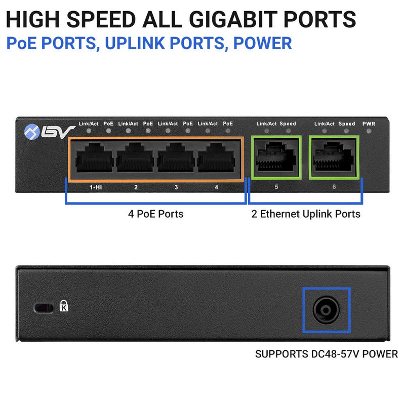 BV-Tech 6 Port PoE+ Switch 4 PoE+ Gigabit Ports with 2 Gigabit Uplink – 60W – 802.3at + 1 High PowerPort | Desktop Fanless Design | Sturdy Metal Housing Gigabit-2 Uplinks