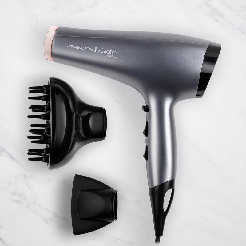 Remington Keratin Protect Hair Dryer (Infused with Keratin and Almond Oil for Smooth, Healthy Looking Hair, Powerful, Fast, Diffuser, 2 Concentrators - Super Slim & Fast-Drying, Ionic, 2200W) AC8008 | Infused with Keratin and Almond Oil for smooth, hea...