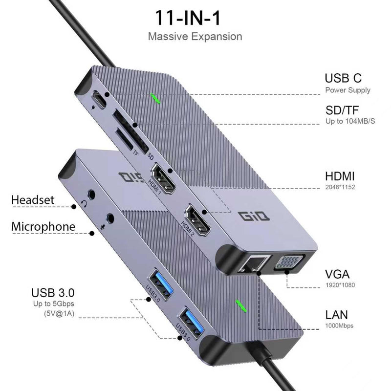 USB Docking Station GIQ USB C HUB USB 3.0 to Dual HDMI VGA Adapter Triple Display USB C Laptop Docking Station Dual Monitor HDMI Splitter Extender Compatible with MacBook M1 M2 M3 M4 M5 USB Dock Gray