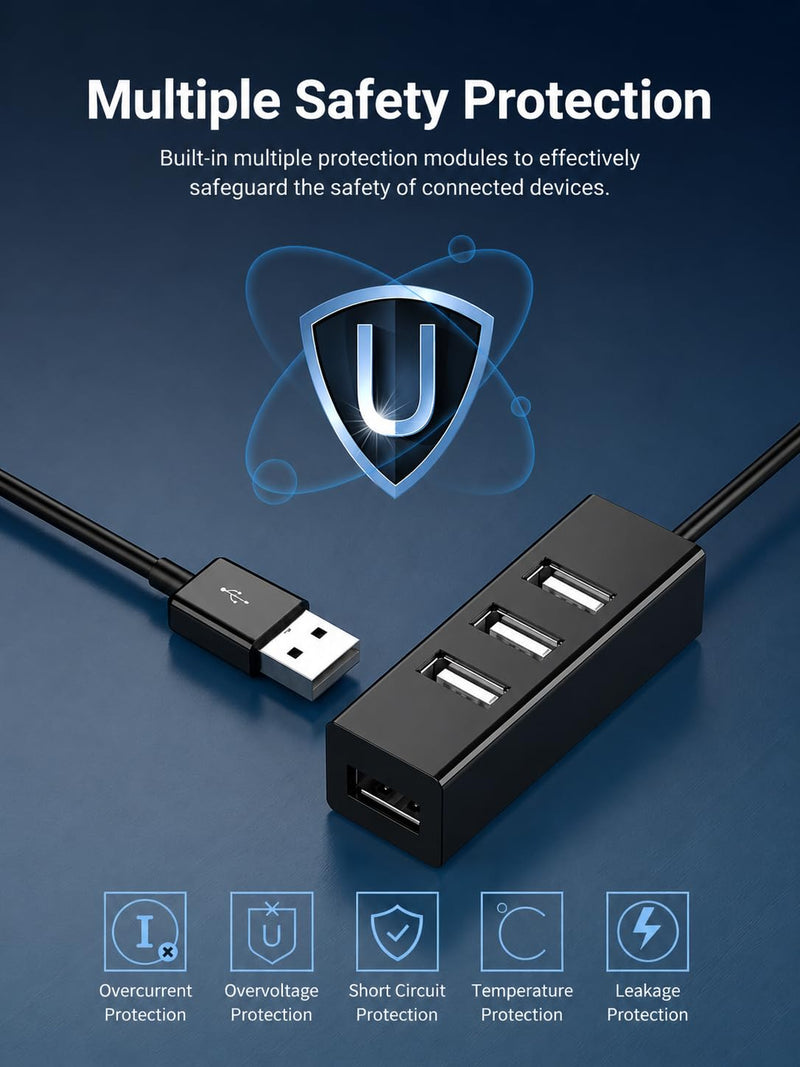 USB 2.0 Hub 4 Port, Portable USB Hub for Laptop Desktop Keyboard Mouse and Flash Drive black