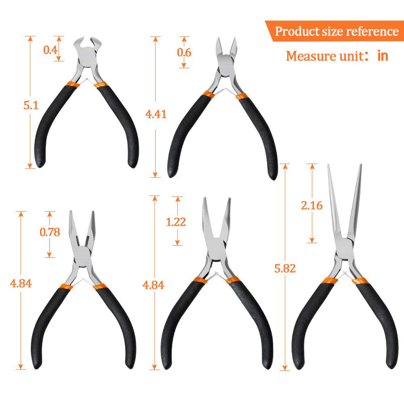 SOONAN 5 Pieces Mini Pliers, Long Lasting Tool Set Cable Cutters – Long Needle Nose, Long Nose, Nipper Bent Nose, End Cutting, Diagonal Cutting, Precision Pliers Set 5 Pieces， Black