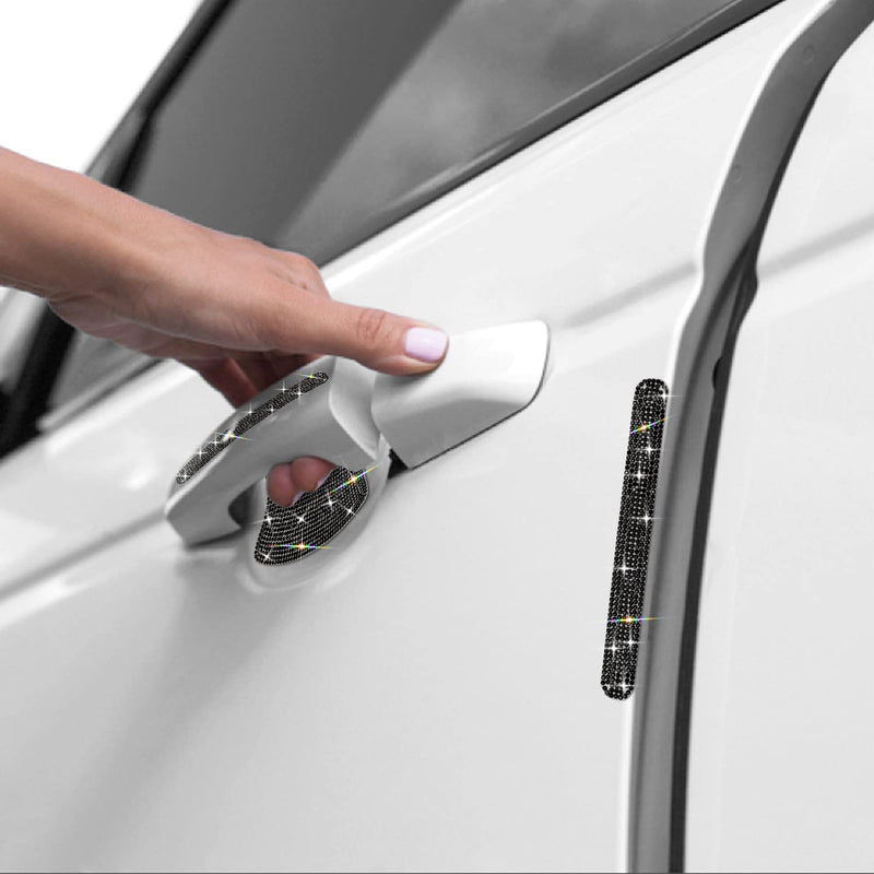 10PCS Car Door Handle Bling Rhinestones Stickers Universal Auto Door Handle Scratch Cover Guard Protective Film Pad with Safety Reflective Strips Black