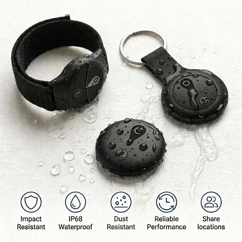 GPS Tracker for Kids, Real-Time GPS Tracking Device for Kids | Wearable Wristband & Keychain Design, No Monthly Fee/No SIM Card, Lightweight, Works with iOS Find My, IP68 Waterproof Matte black