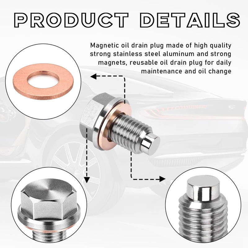 M14×1.5 Magnetic Oil Drain Plug, Aluminum Stainless Steel Sump Drain Nut Bolt with 5 Copper Crush Washer, Universal Leak-proof Replacement Car Accessories for Most Vehicles M14×1.5