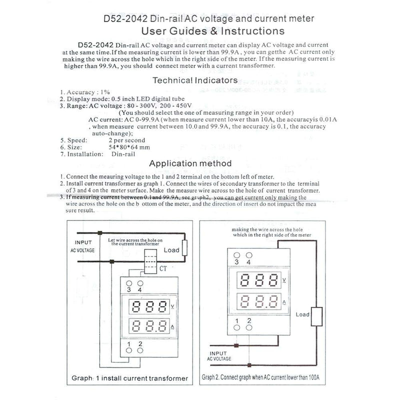 DIN Rail Voltage Ampere Meter, AC80-300V AC0-99.9A Multi-Functional Digital Din Rail Current Voltage Power Meter Ammeter Voltmeter, Din Rail Led Display Digital AC Voltmeter