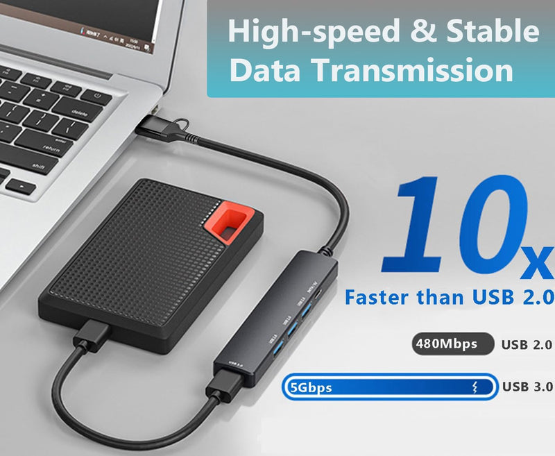 USB 3.0 Hub with USB C Data Port, 2 in 1 USB Hub 5 Ports, Portable USB Splitter for Laptop, USB C Extender for MacBook Pro, iMac, Surface Pro, Dell XPS, PS5, PC, Mobile HDD, and More MR-USB-A & USB -C