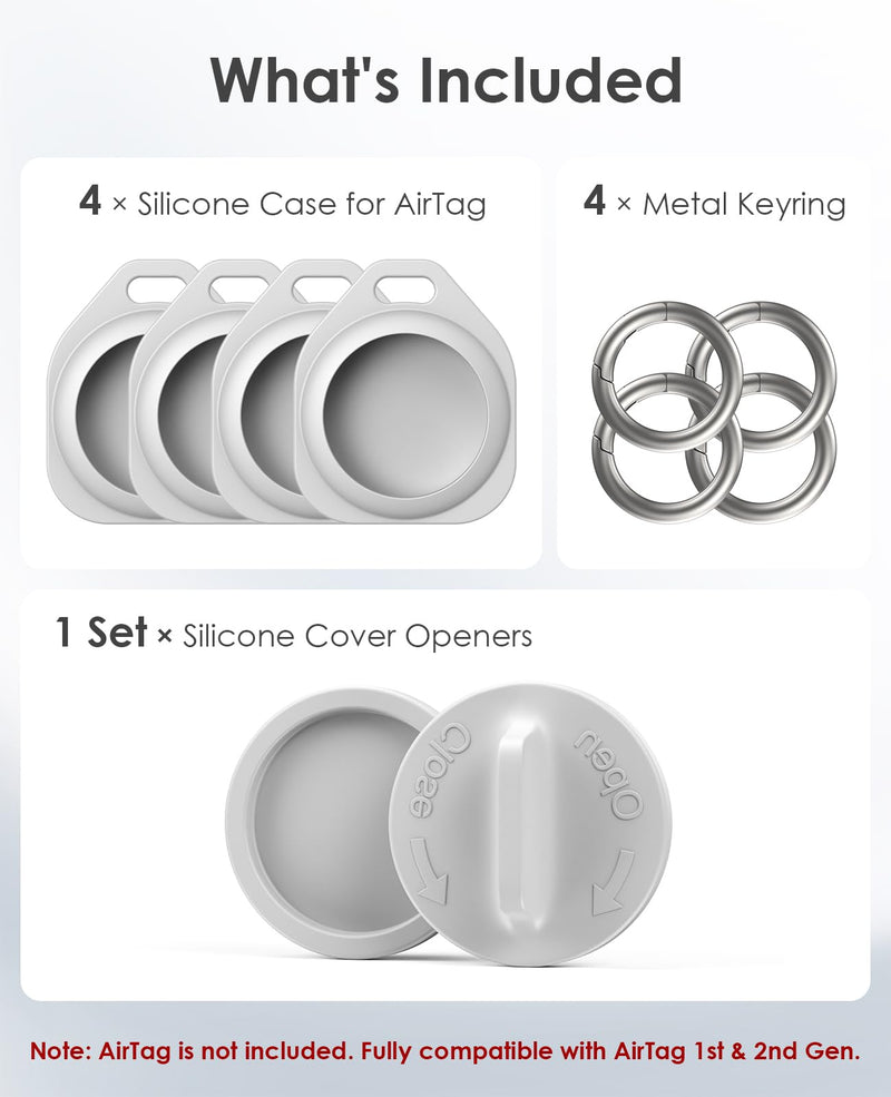 Silicone Keychain Case for AirTag 4 Pack with Battery Opener Gray | Anti-Scratch Silicone Air Tag Holder With Anti-Loss Key Rings and Battery Opener Tool for Keys, Backpack, Luggage and Pets Soft Silicone