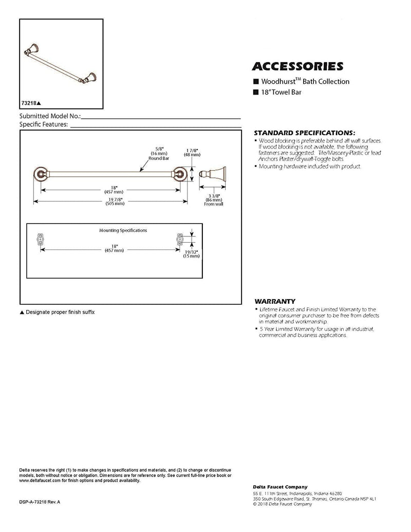 DELTA FAUCET Rubber Limited 73218-SS Woodhurst 18 in. Wall Mount Towel Bar Bath Hardware Accessory in Stainless Steel
