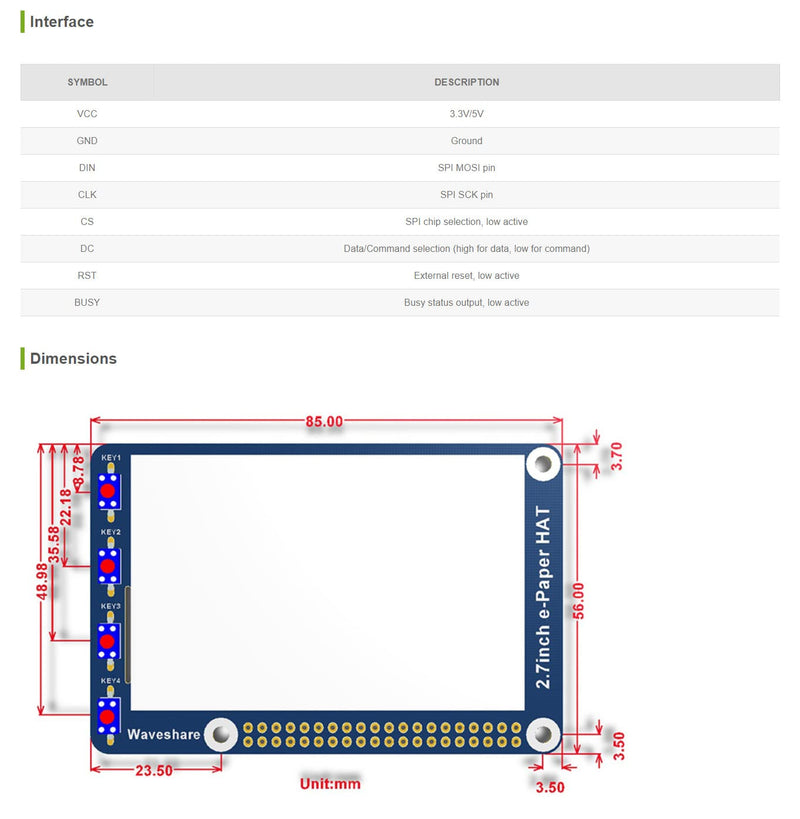 2.7inch E-Ink Display HAT Epaper Display 264x176 Black White Color E-Paper Screen for Raspberry Pi 4B+ 4B 3B+ 3B 2B+ Zero Jetson Nano Ardui