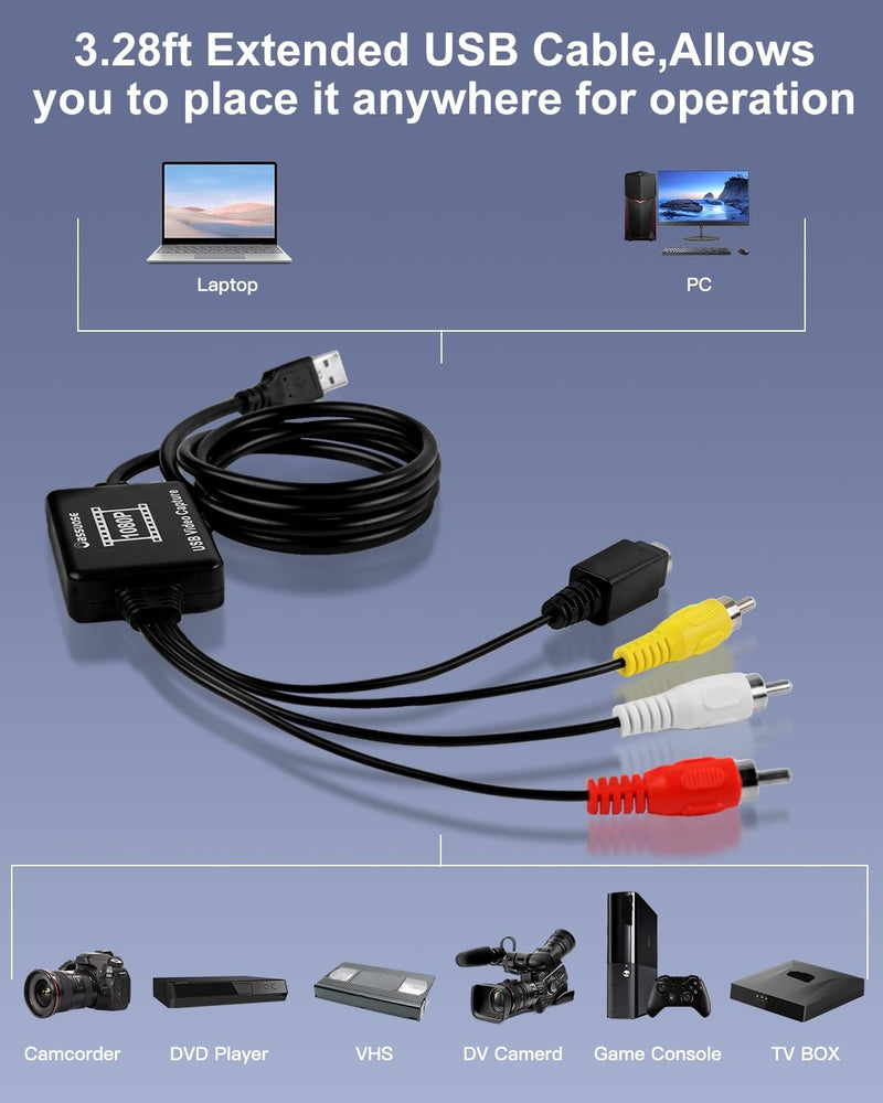 VHS to Digital Converter,USB-A/USB-C Video 1080P Capture Card,RCA/AV to USB2.0 Audio Video Transfer Grabber,Convert Analog VHS VCR Hi8 Mini DV to Digital Converter,for PC DVD Tape Camera