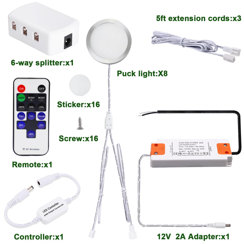 AIBOO Linkable Under Cabinet LED Lighting 12V Dimmable Puck Lights Hardwired with Wireless RF Remote Control for Kitchen Mood Lighting(8 Lights, Warm White, NO Wall Plug) 2700K Warm White