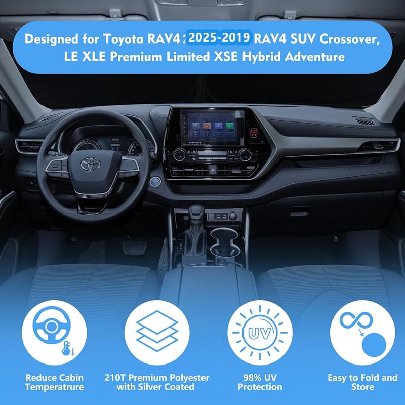 Windshield Sun Shade Fit 2025 2024 2023 2022 2021-2019 Toyota RAV4 Prime LE Hybrid XLE XLE Premium Adventure TRD Off Road Front Window Sunshade Accessories SUV Sun Visor UV Protector Heat Shield Cover B. for Toyota RAV4 2019-2025